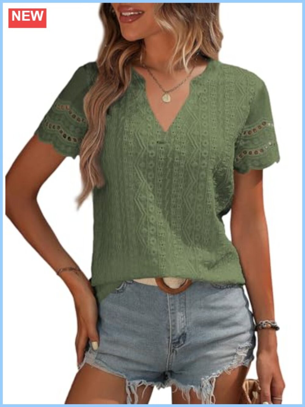 Women's V Neck Short Sleeve Lace Eyelet Blouse Dressy Casual Tops